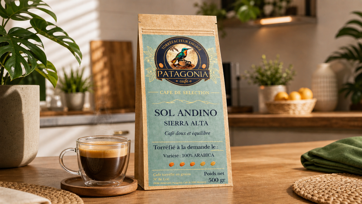 Sachet de café Sol Andino Patagonia Café et tasse