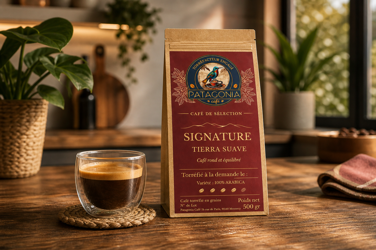 Sachet de café Signature Tierra Suave Patagonia Café sur un plan de travail