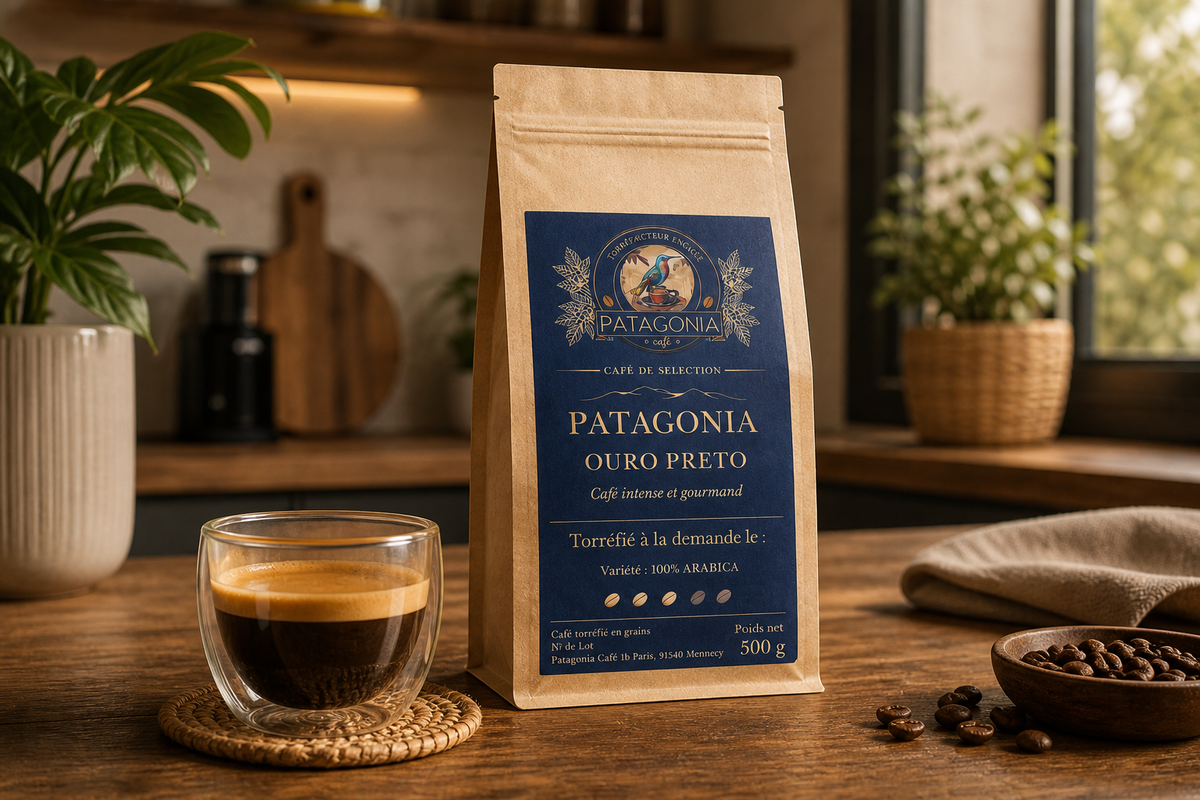 Sachet de café Patagonia Ouro Preto et tasse de café