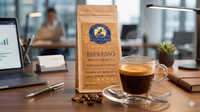Sachet Espresso Brasa Morena et tasse d'espresso au bureau