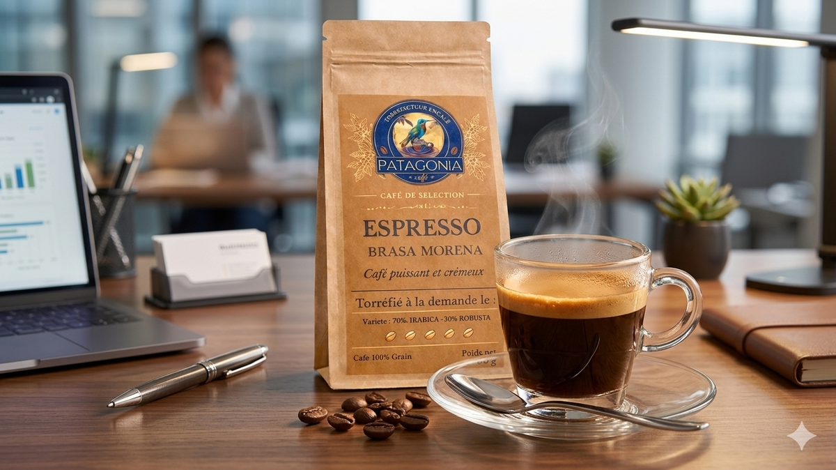 Sachet Espresso Brasa Morena et tasse d'espresso au bureau